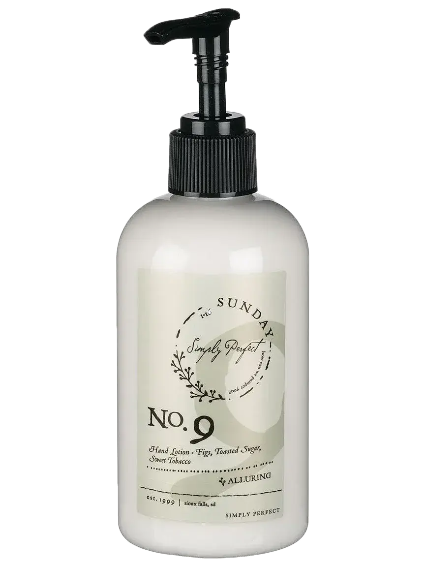 Simply Perfect No. 9 hand lotion with figs, toasted sugar, sweet tobacco scent, farmhouse bath essential