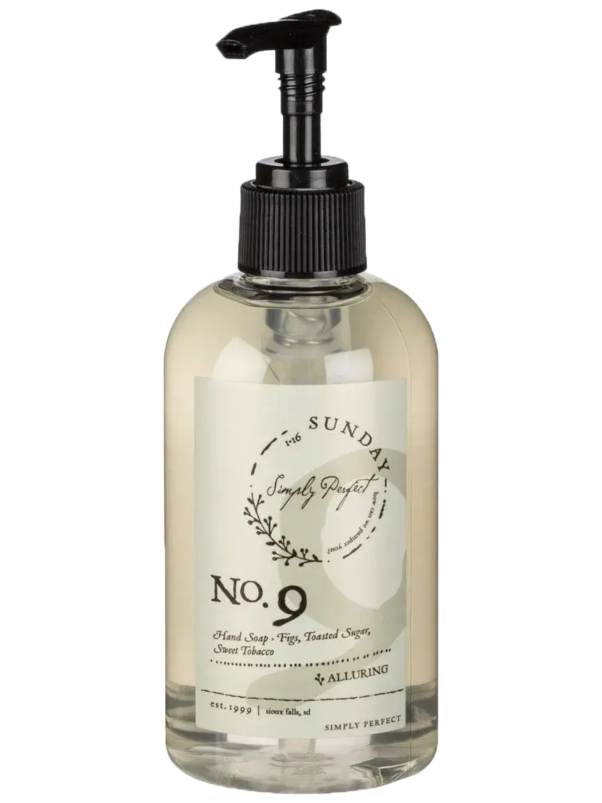 Simply Perfect No. 9 hand soap with figs, toasted sugar, sweet tobacco scent, farmhouse style bottle