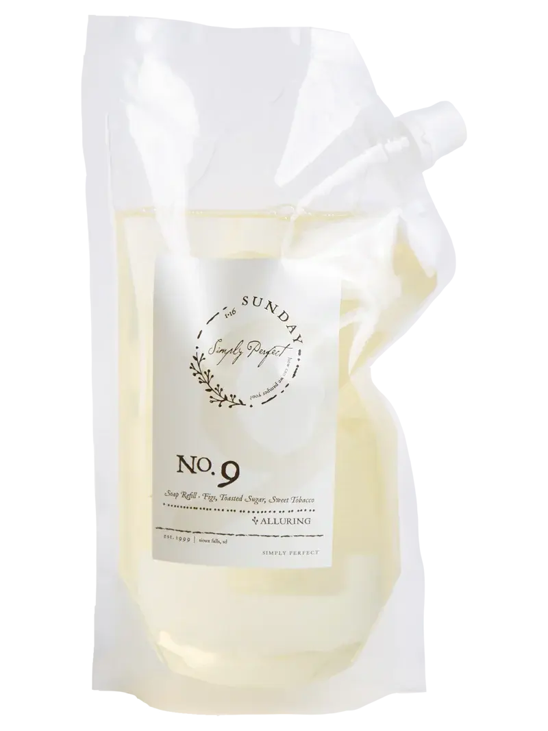 Simply Perfect No. 9 soap refill pouch with fig, toasted sugar, sweet tobacco scent for cozy home bath essentials