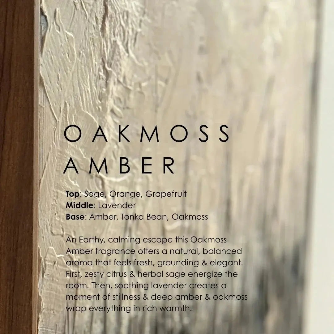 Oakmoss Amber candle scent notes: sage, lavender, amber — cozy farmhouse fragrance for calm, warm spaces