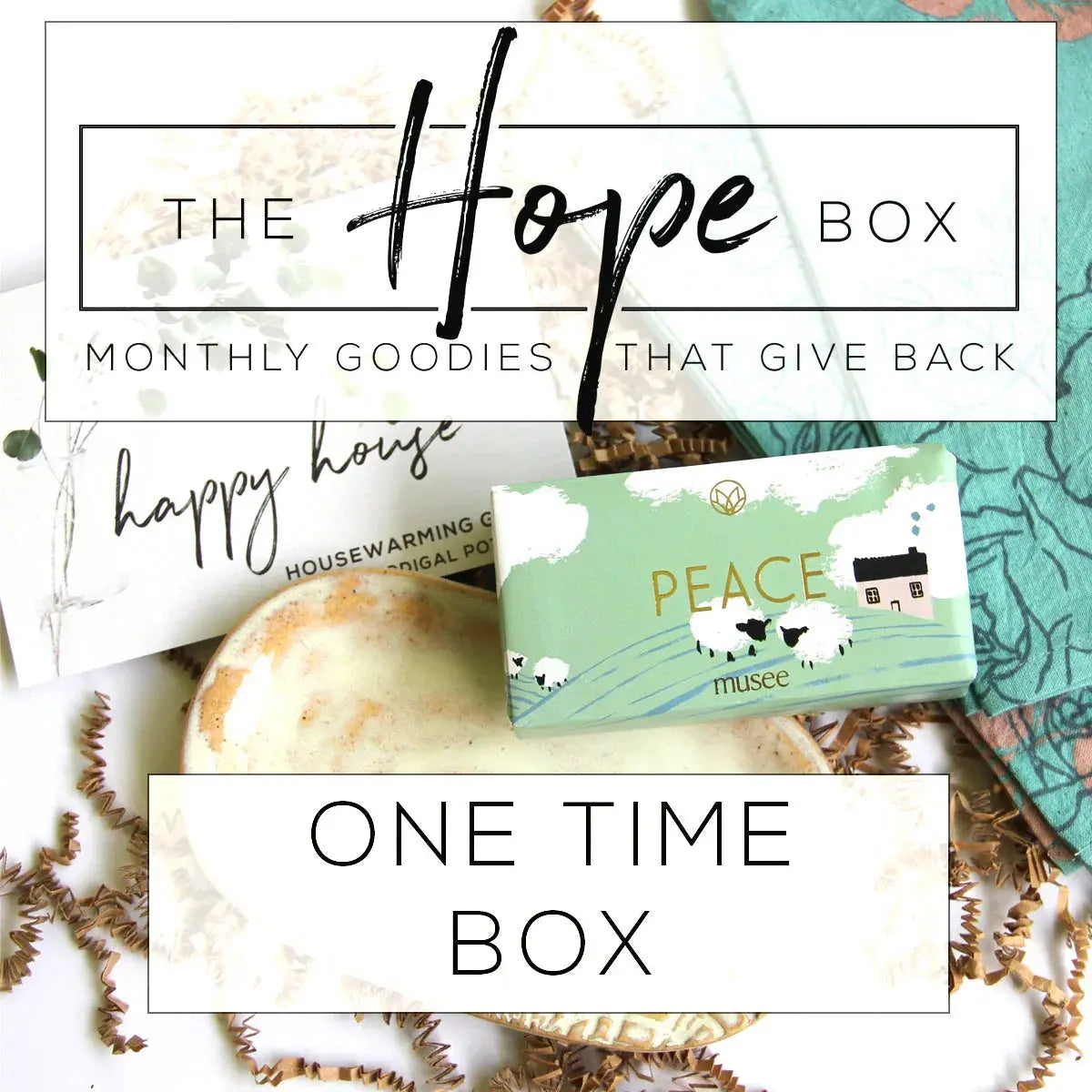 Hope Box monthly goodies with peace-themed soap, cozy home decor, and housewarming gifts