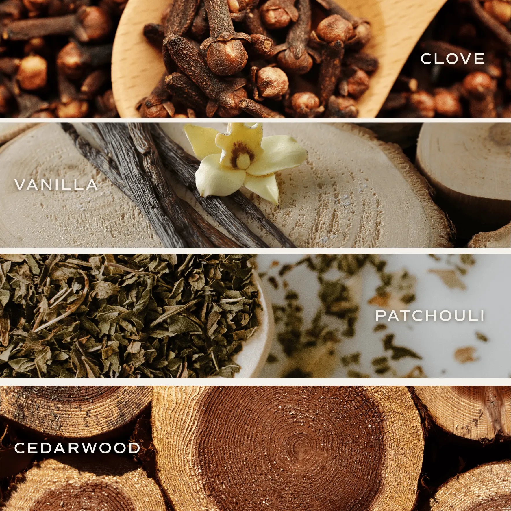 Collage of cloves, vanilla, patchouli, and cedarwood with labels.