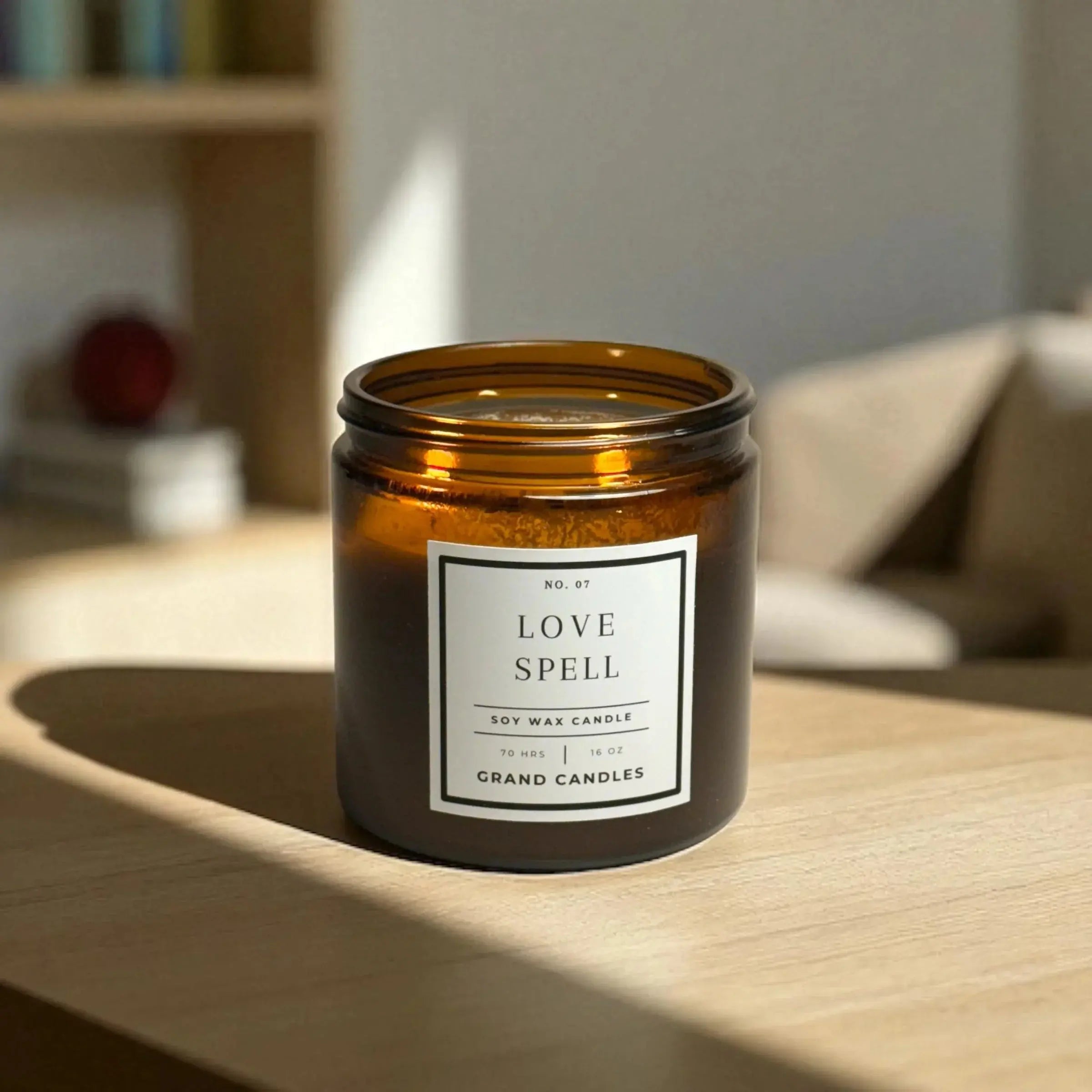 Love Spell soy wax candle in amber jar, cozy home decor for farmhouse or cottage style living spaces