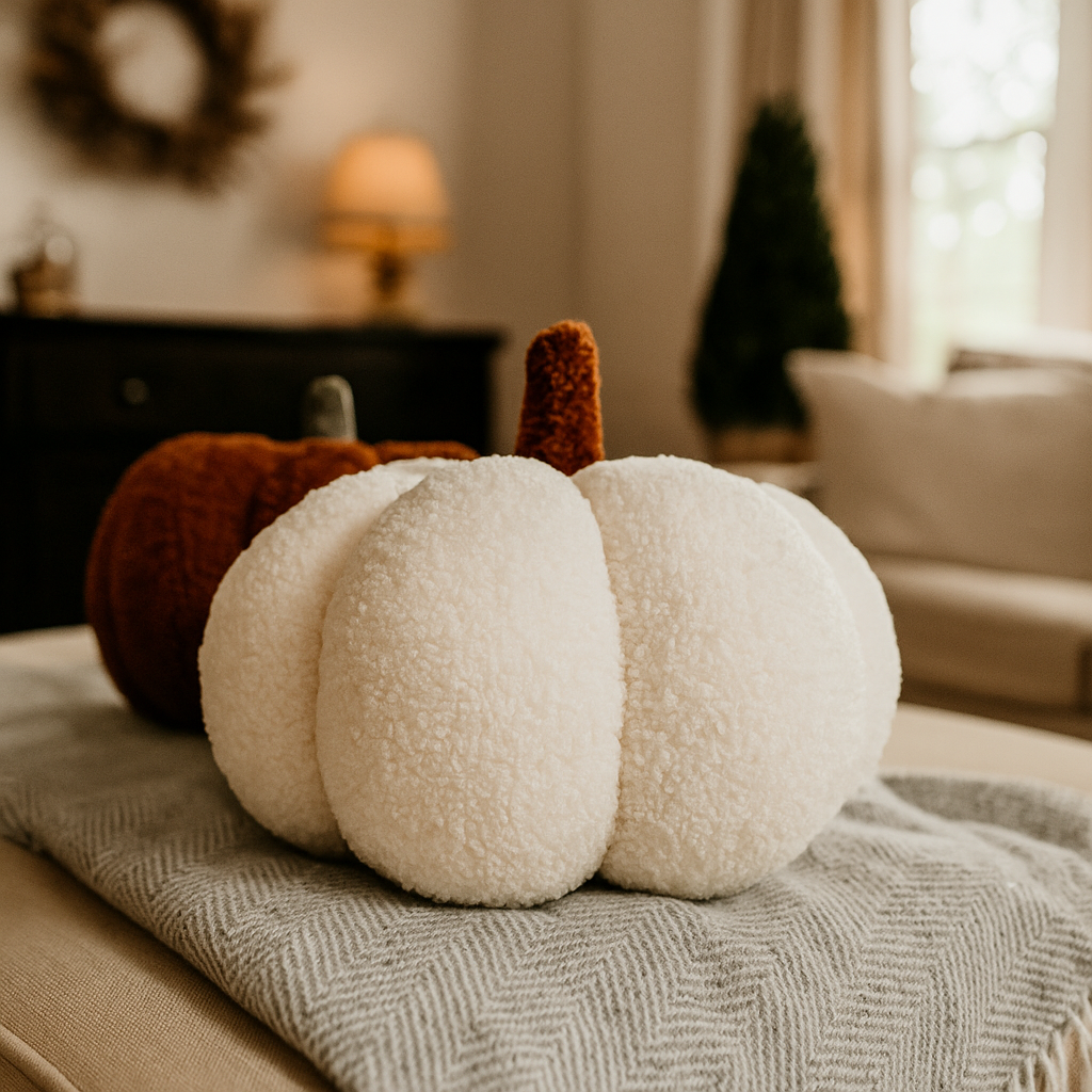 White textured pumpkin on a surface with a blurred indoor background