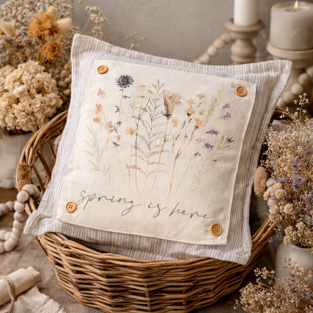 Decorative pillow with floral design and 'Spring is here' text in a wicker basket with dried flowers.