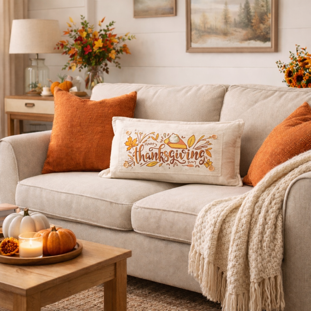 Cozy living room with a beige sofa, orange and brown pillows, and a 'Happy Thanksgiving' pillow.