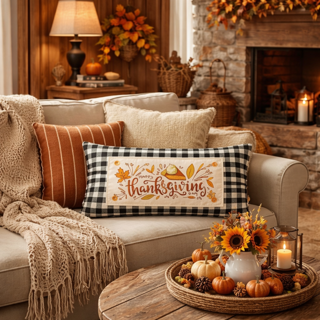 Cozy living room with Thanksgiving-themed decor, including a pillow and pumpkins.