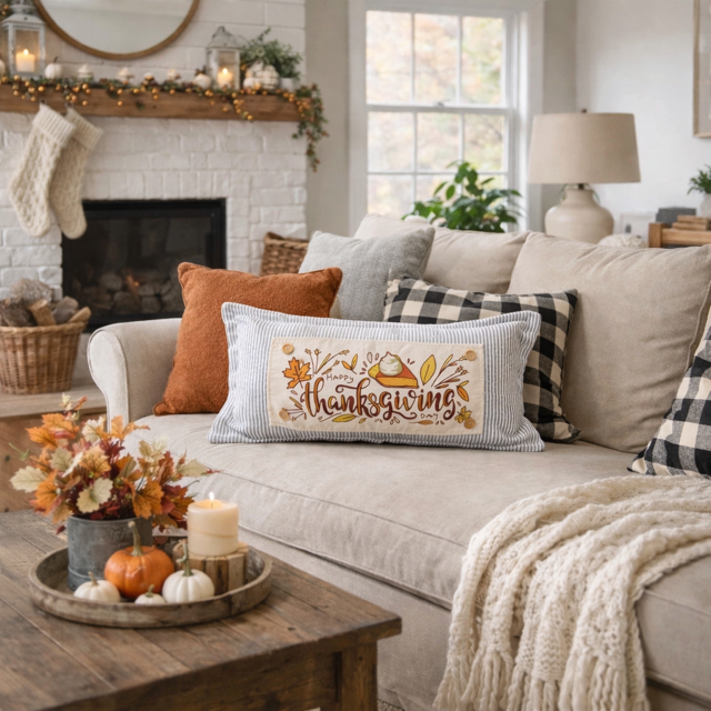 Cozy living room with a 'Thanksgiving' pillow on a couch, fireplace, and decorative items.