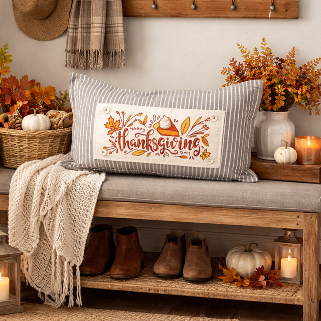 Decorative pillow with 'Happy Thanksgiving' text on a wooden bench with fall-themed decor.