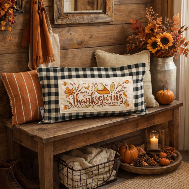 Decorative Thanksgiving scene with pillows, pumpkins, and a candle on a wooden bench.