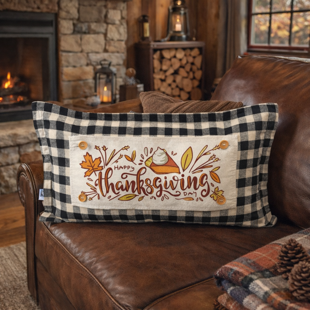 Decorative pillow with 'Happy Thanksgiving' text on a brown leather couch in a cozy living room.