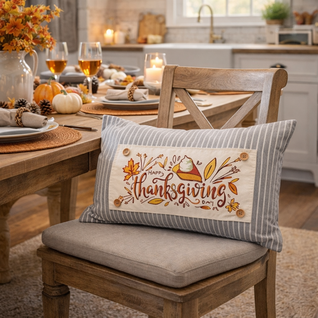 Decorative pillow with 'Happy Thanksgiving' text on a chair in a kitchen setting.