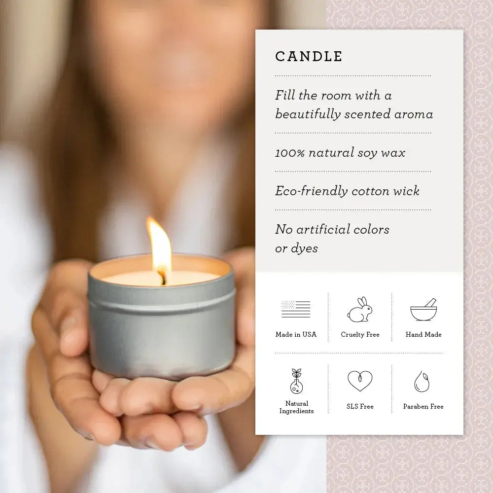Cozy soy candle in metal tin, hand-held, eco-friendly with cotton wick, natural ingredients, cruelty-free, made in USA