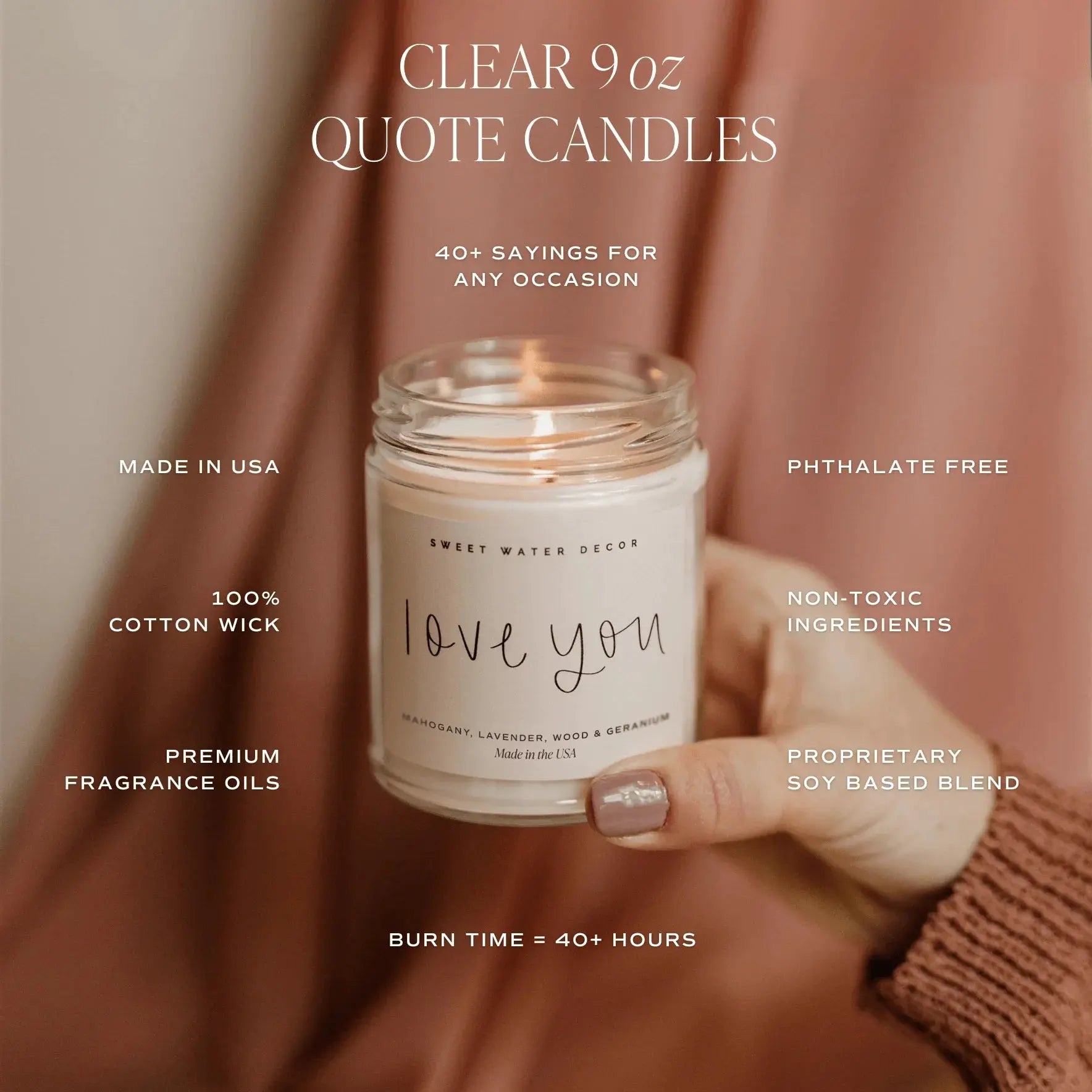 Clear 9oz quote candle with 'love you' label, soy blend, cotton wick, non-toxic, made in USA