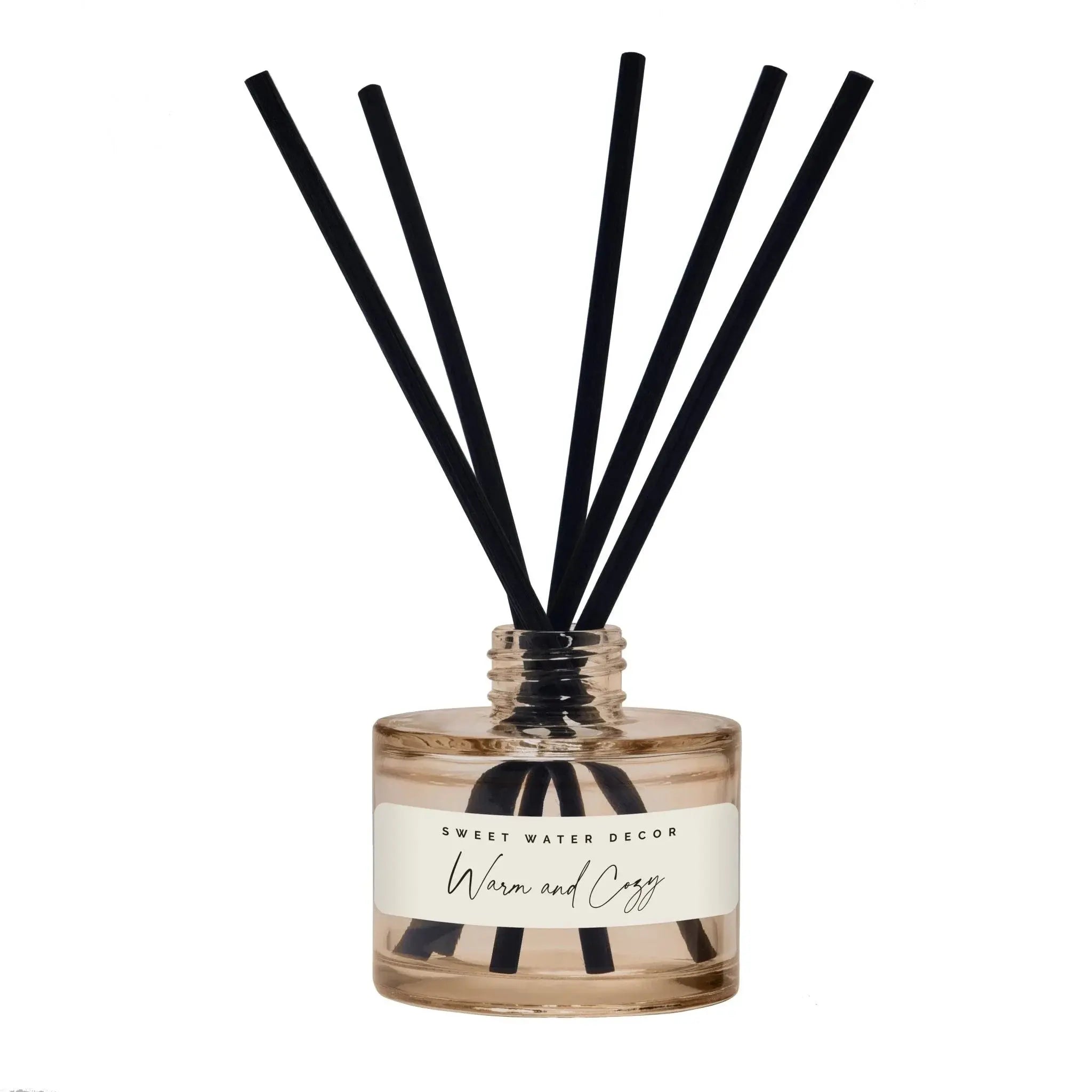 Warm and Cozy reed diffuser with black sticks, farmhouse home decor for cozy living spaces