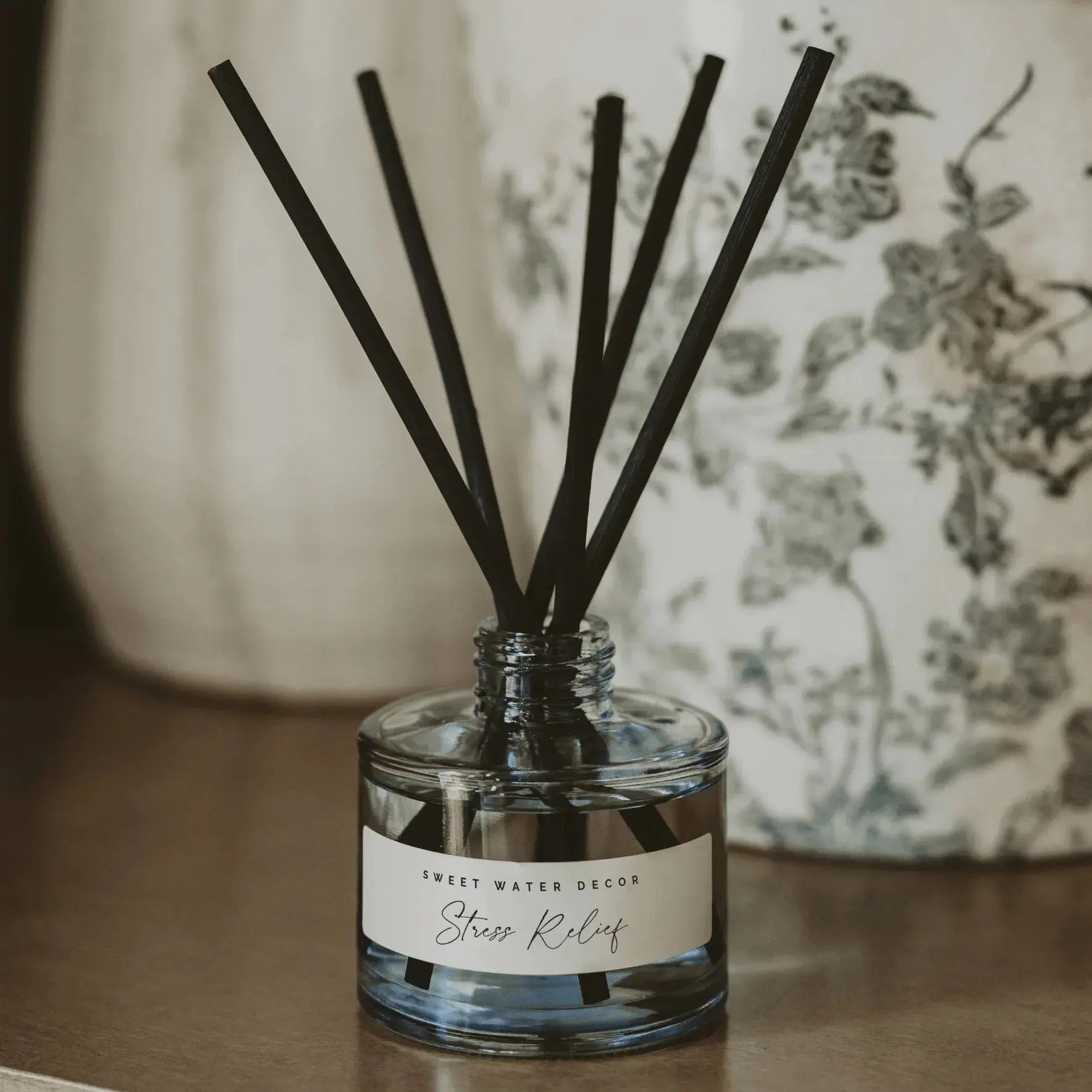 Stress Relief reed diffuser with black sticks, cozy farmhouse home decor for calming ambiance