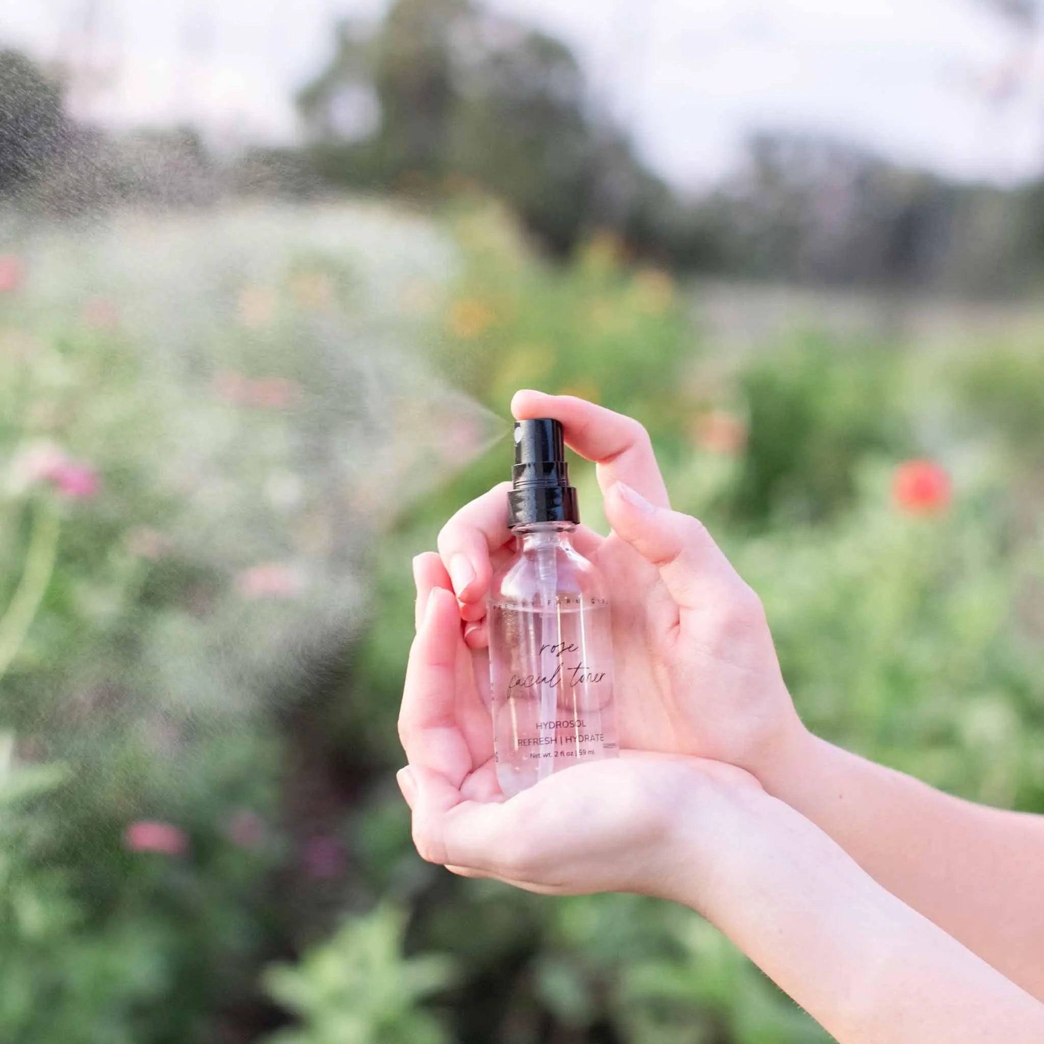 Hands holding rose facial toner spray in garden, hydrating mist for fresh skin