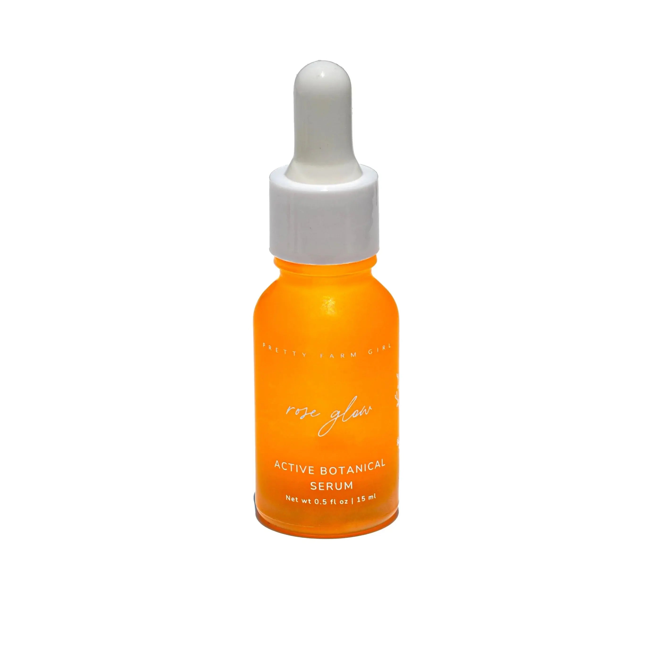 Pretty Farm Girl Rose Glow Active Botanical Serum in amber glass bottle with dropper, 15ml