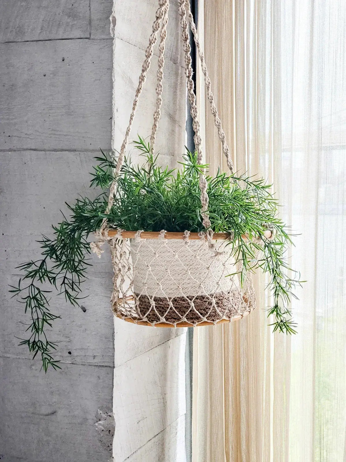 Macrame hanging planter with green plant, farmhouse decor for cozy living spaces