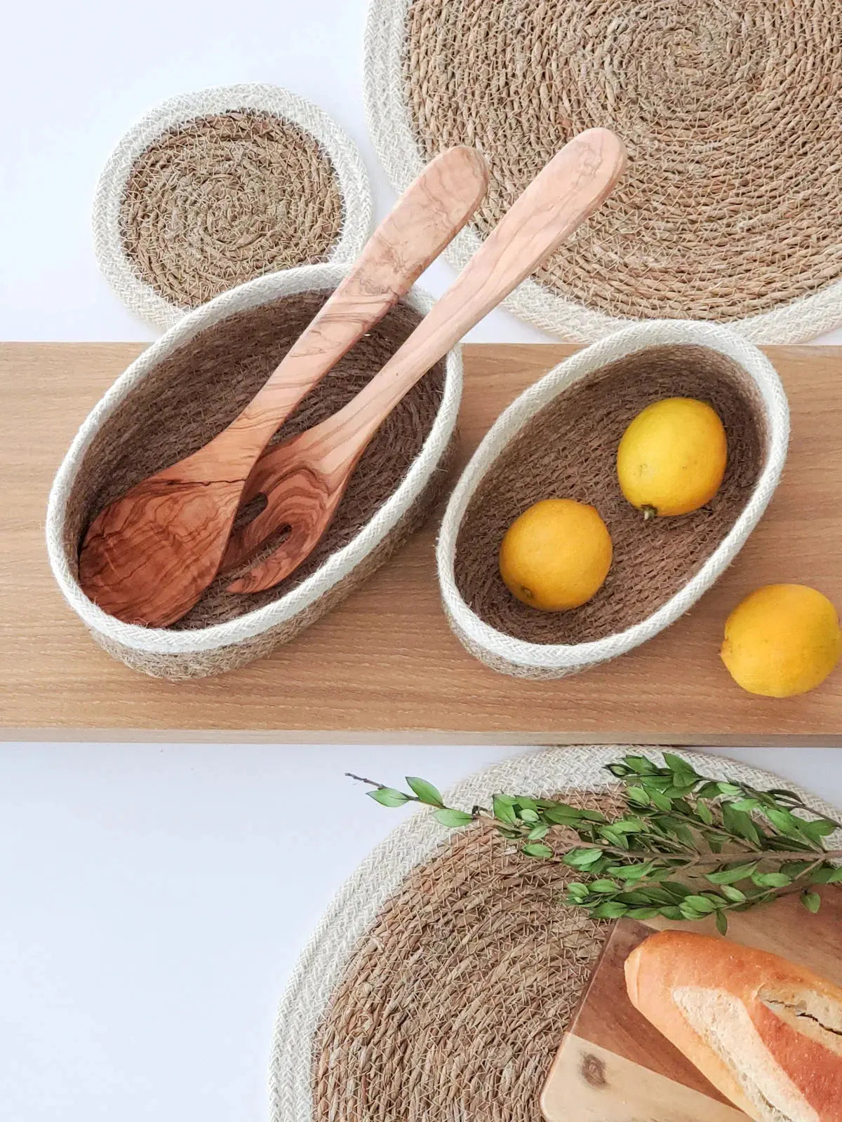 Rattan baskets with wooden spoons and lemons, farmhouse kitchen decor set