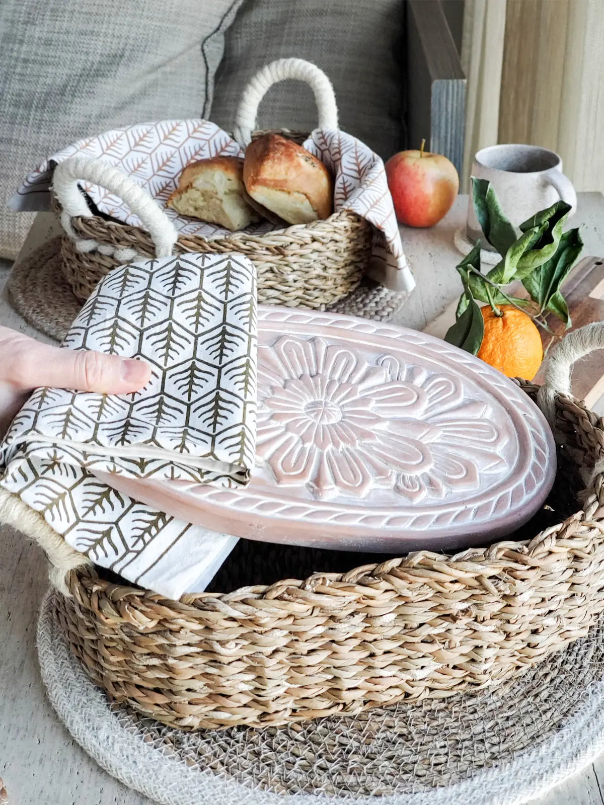 Farmhouse ceramic tray with bird design in woven basket, cozy cottage table setting with tea and bread