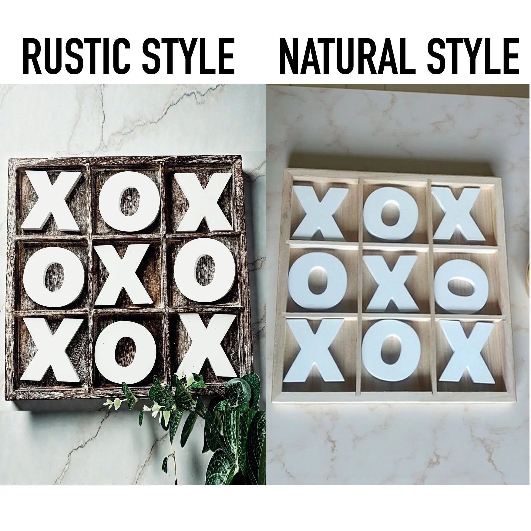 Two wooden tic-tac-toe boards, one rustic and one natural, on a marble surface.