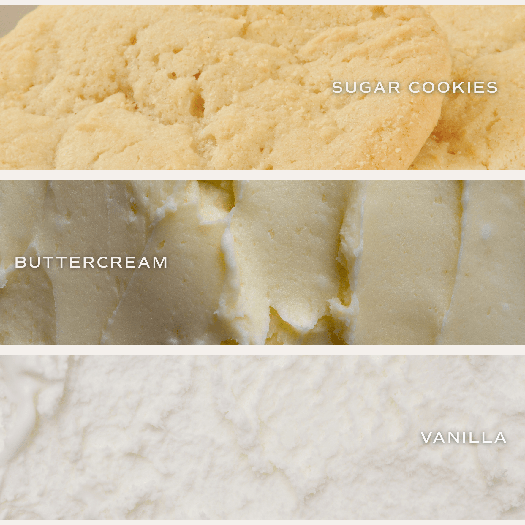 Top-down view of sugar cookies and vanilla buttercream with labels.
