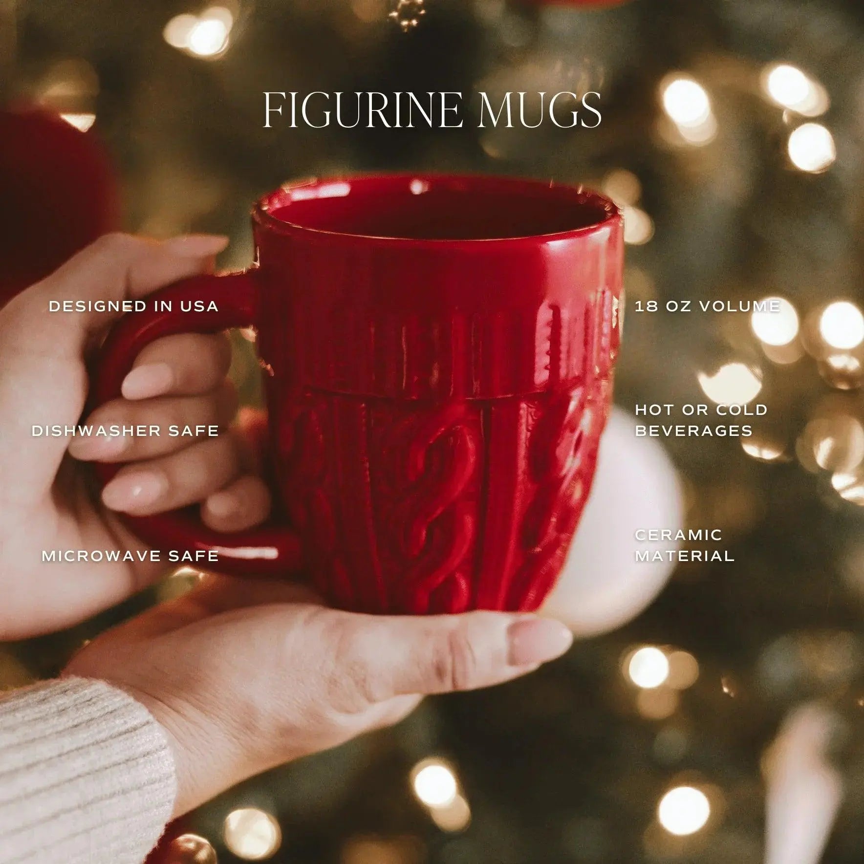 Red ceramic figurine mug with cable knit design, perfect for hot or cold beverages, held cozy against holiday lights