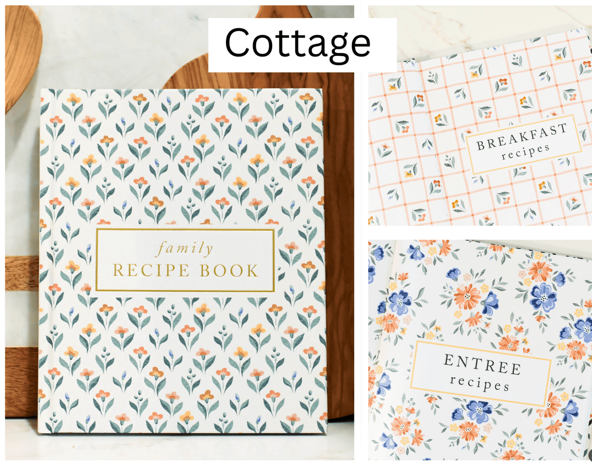 Floral-patterned family recipe book with section dividers on a wooden surface.