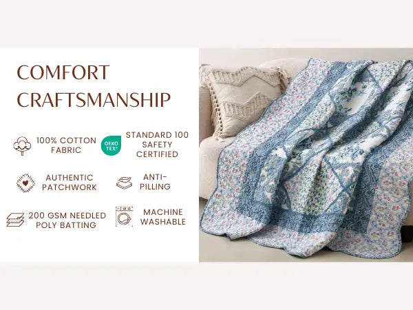 Tache Petal Dance White Blue Floral Vintage Garden Scalloped Cotton Patchwork Quilted Throw Blanket (JHW-646)