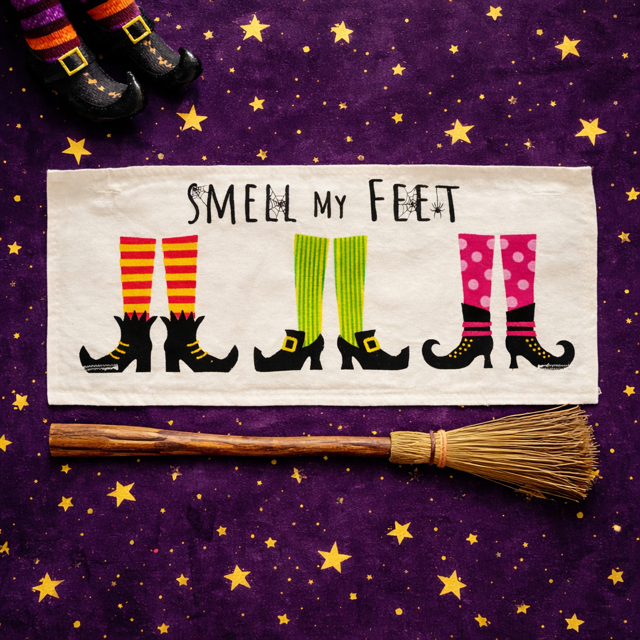 Halloween-themed towel with witch feet design on a purple background with stars.