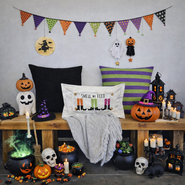 Halloween-themed room decor with pumpkins, ghosts, and a banner on a wall.