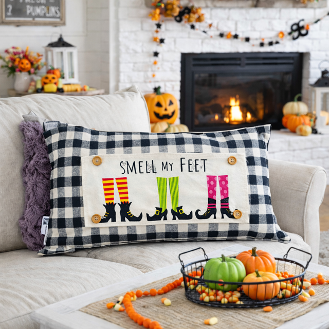 Halloween-themed pillow with witch shoes design on a couch with pumpkins and decorations.