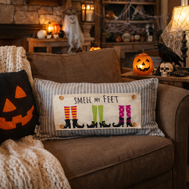 Halloween-themed pillow with witch boots design on a couch, surrounded by Halloween decorations.
