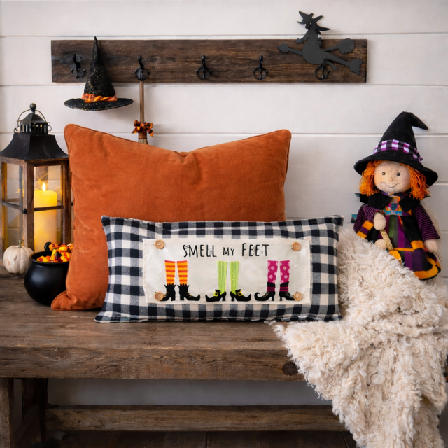 Halloween-themed decor with a pillow, doll, and lantern on a wooden bench.