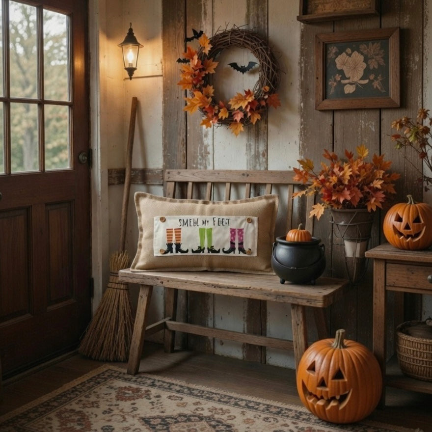 A rustic wooden bench in a cozy fall porch setting displays a beige decorative pillow with a 'Smile My Boots' witch illustration. The scene is decorated with orange autumn leaves, jack-o'-lanterns, a black cauldron, a wreath, and a lit wall lantern.