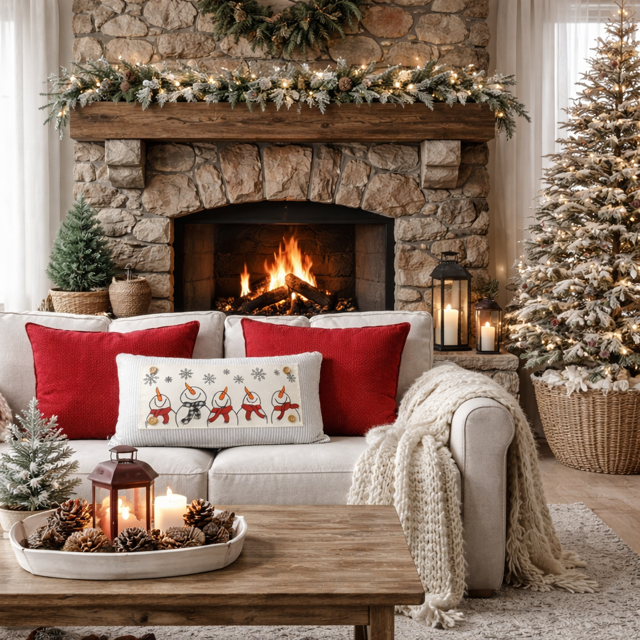 A cozy living room scene centered on a white sofa with red and white holiday throw pillows, a knitted cream throw blanket, and a fireplace made of stacked stone. A decorated Christmas tree, lanterns, pinecones, and garlands enhance the warm festive atmosphere.