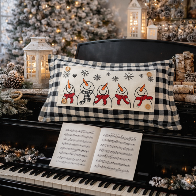 A rectangular holiday throw pillow with a black and white gingham check pattern and a central white panel featuring embroidered snowmen and snowflakes, resting on a black piano in a decorated Christmas setting.