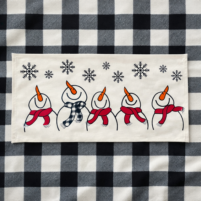 A rectangular fabric napkin or placemat featuring a winter holiday design of five snowmen with red scarves and black snowflakes, laid flat on a black and white buffalo plaid background.