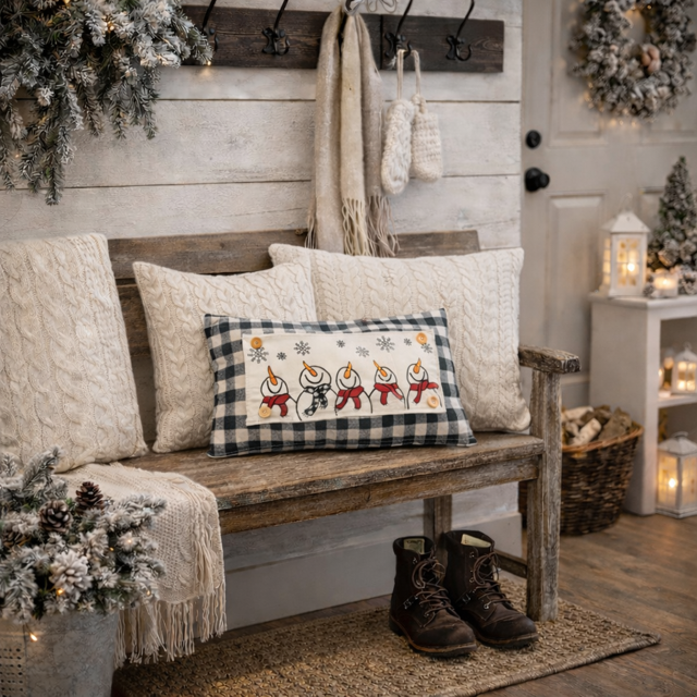 A rectangular decorative throw pillow with a black-and-white gingham border and a central cream panel showing four snowman figures, styled on a rustic wooden bench in a cozy winter room setting.