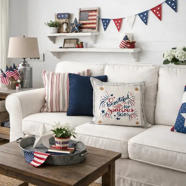 Living room with a white sofa decorated with patriotic pillows and flags, and a wooden coffee table.