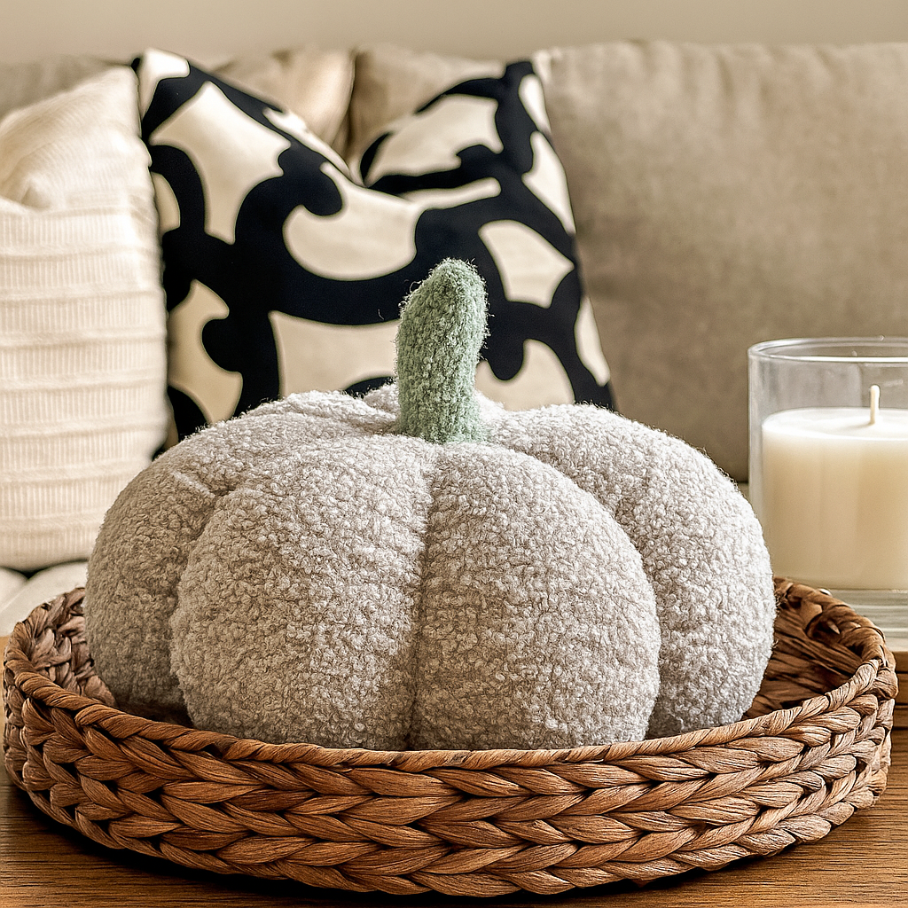 Decorative pumpkin in a woven basket on a table with a candle and pillows in the background.
