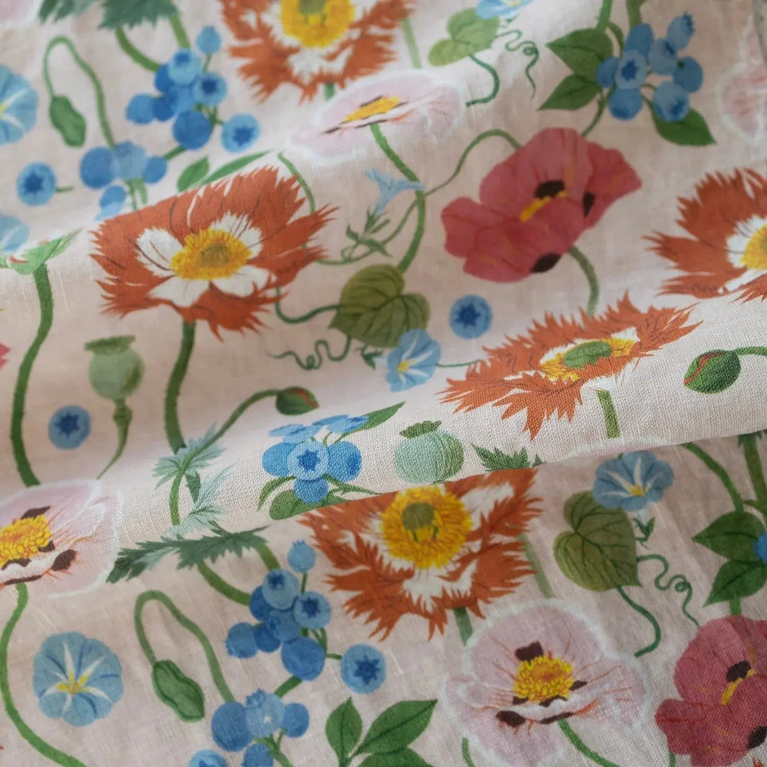 Floral fabric with colorful flowers on a beige background