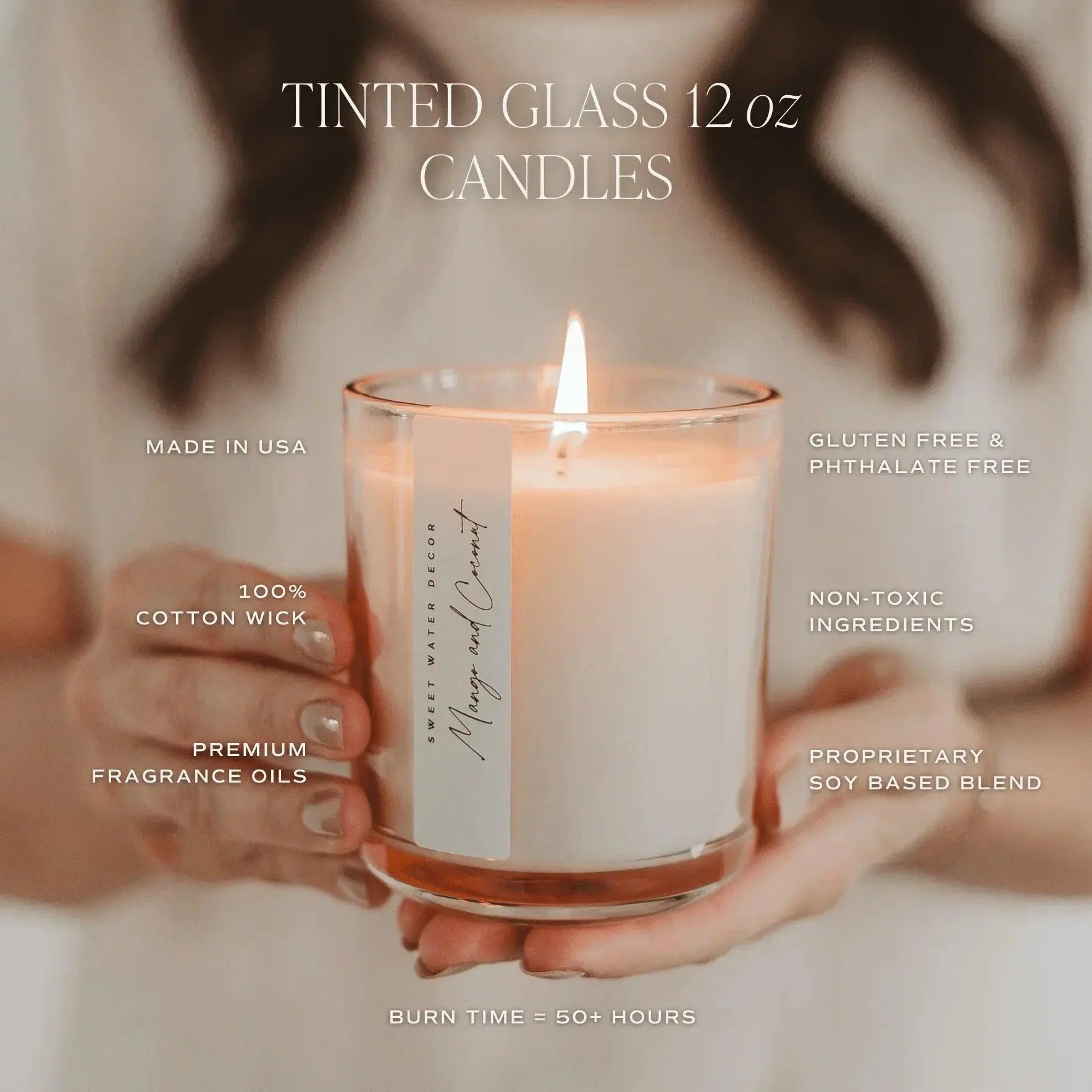 Tinted glass 12 oz candle with cotton wick, soy blend, non-toxic, 50+ hour burn time, cozy home decor