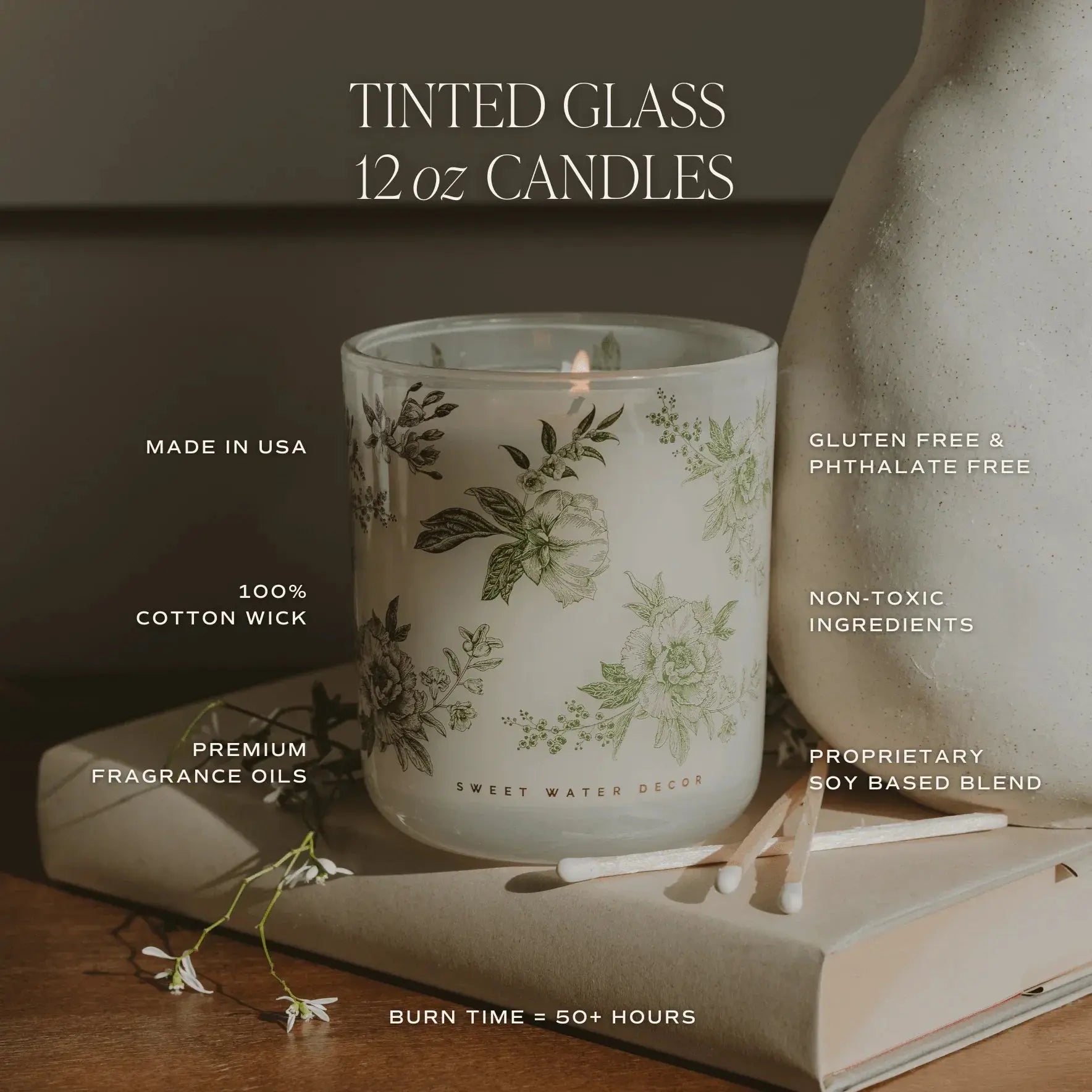 Tinted glass 12 oz candle with floral design, soy blend, cotton wick, non-toxic, for cozy farmhouse decor