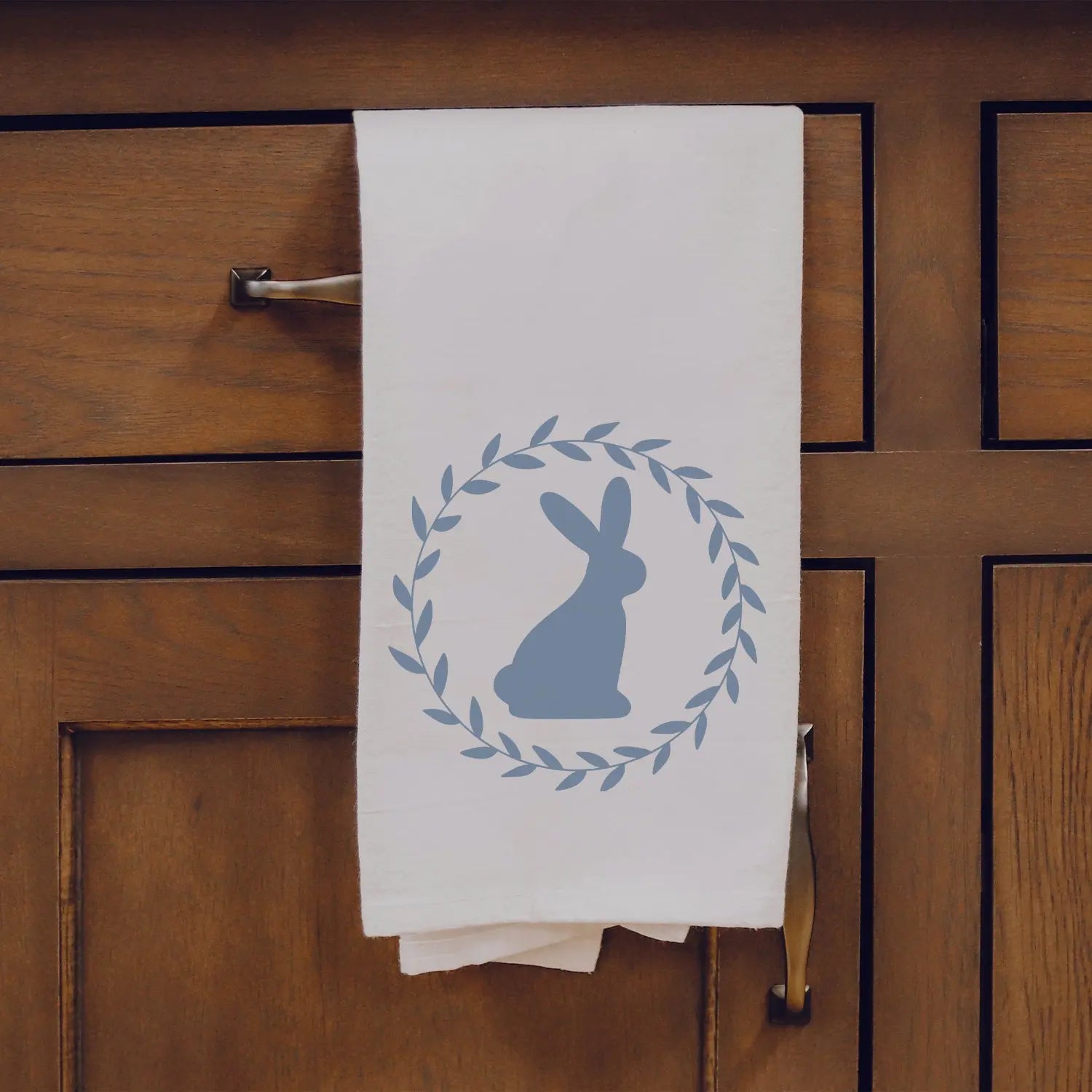White kitchen towel with blue bunny in wreath, farmhouse decor for cozy home
