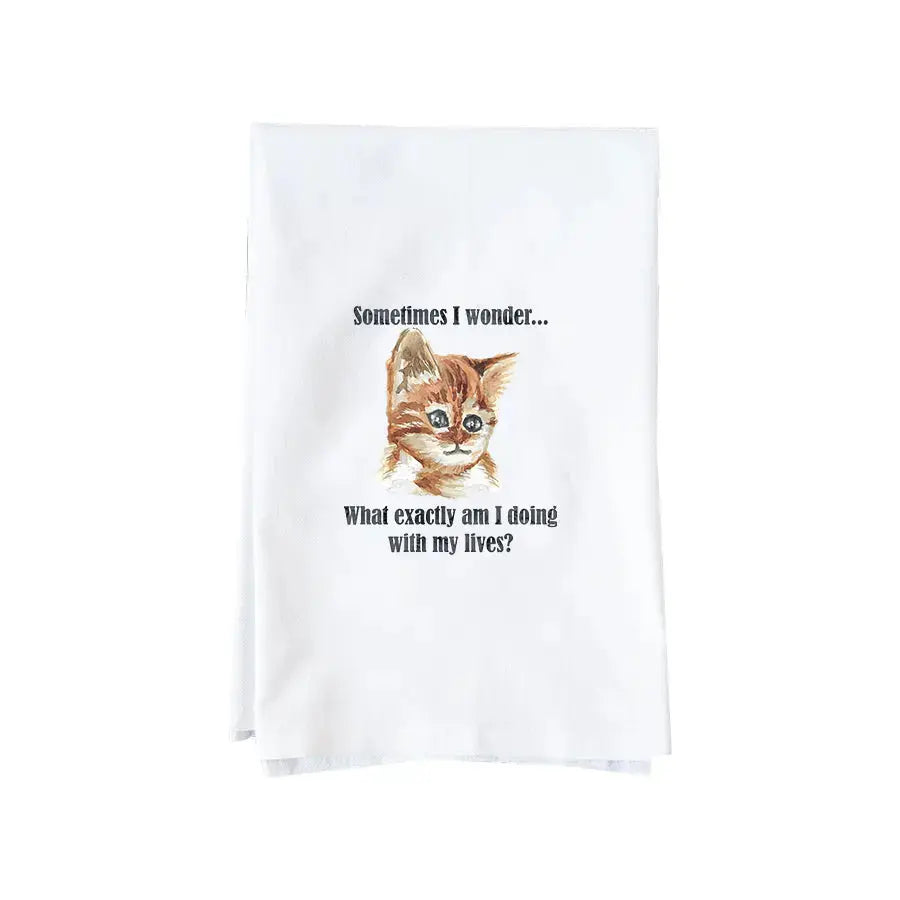 A white kitchen tea towel featuring a printed illustration of an orange tabby kitten with the text 'Sometimes I wonder.