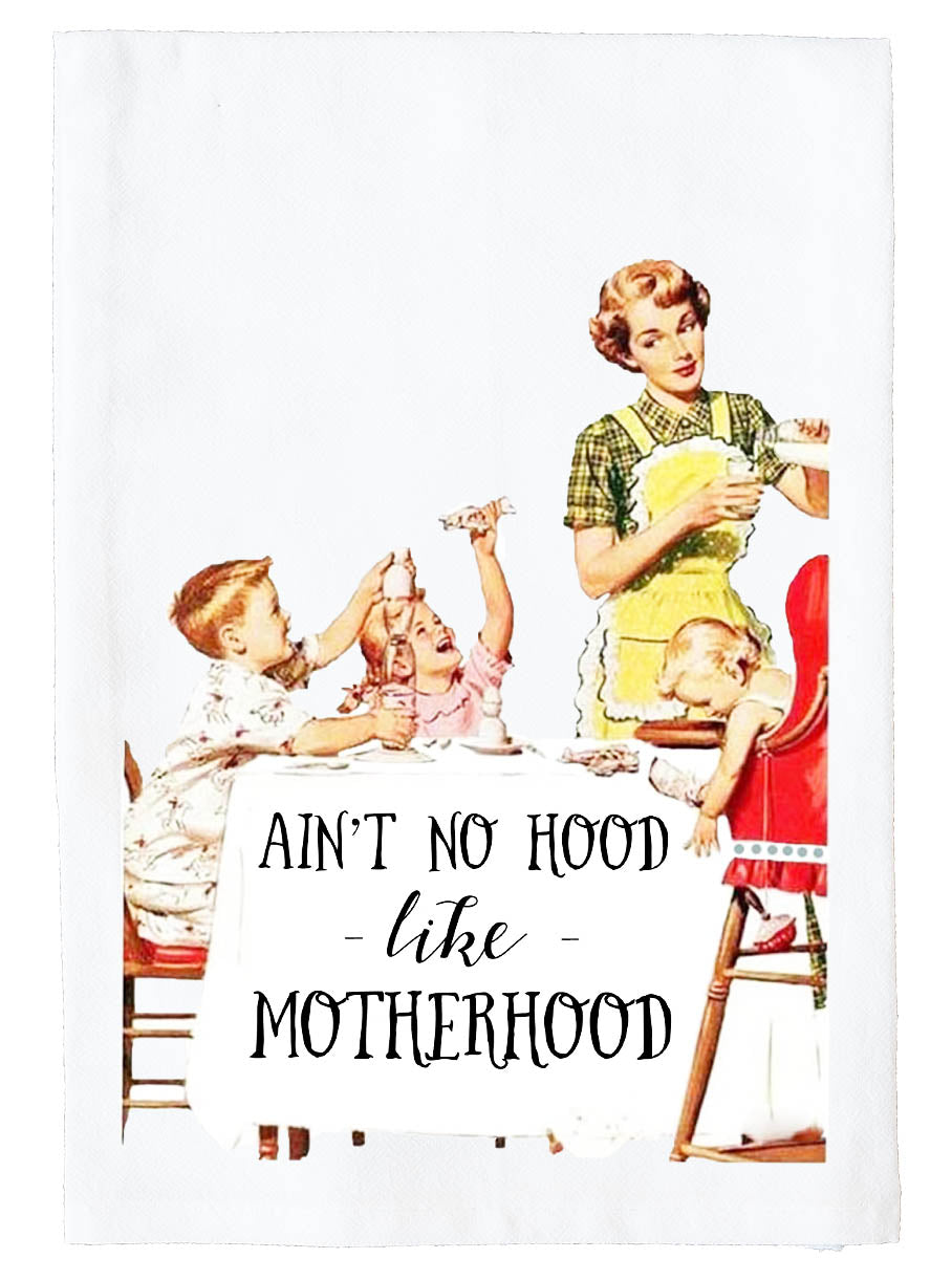 Vintage-style illustration of a woman with children, featuring text 'Ain't no hood like motherhood'.