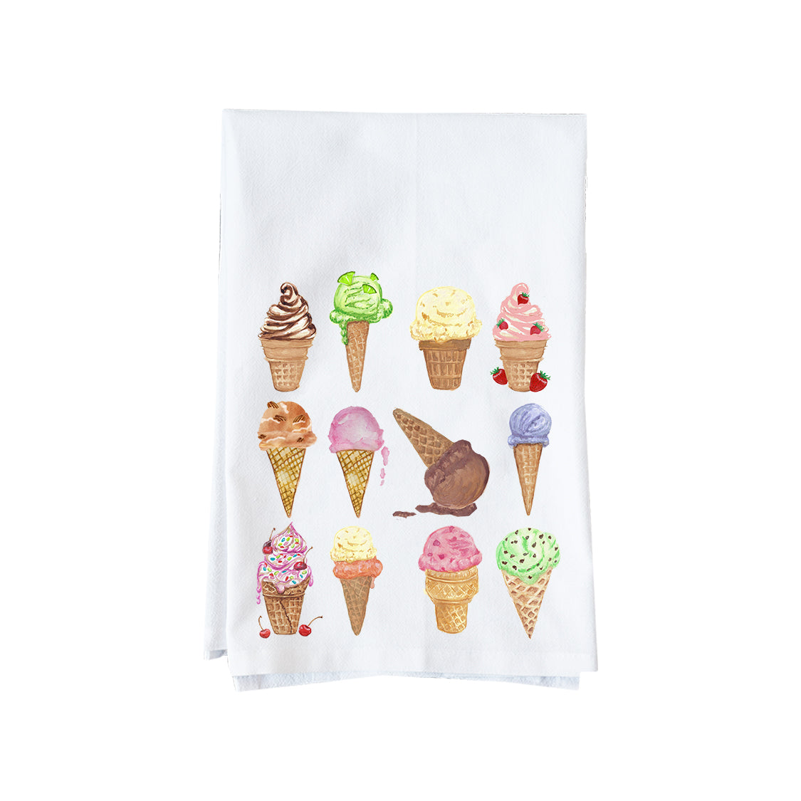 A white kitchen towel featuring a printed grid of twelve colorful watercolor ice cream cone illustrations on a plain white background.