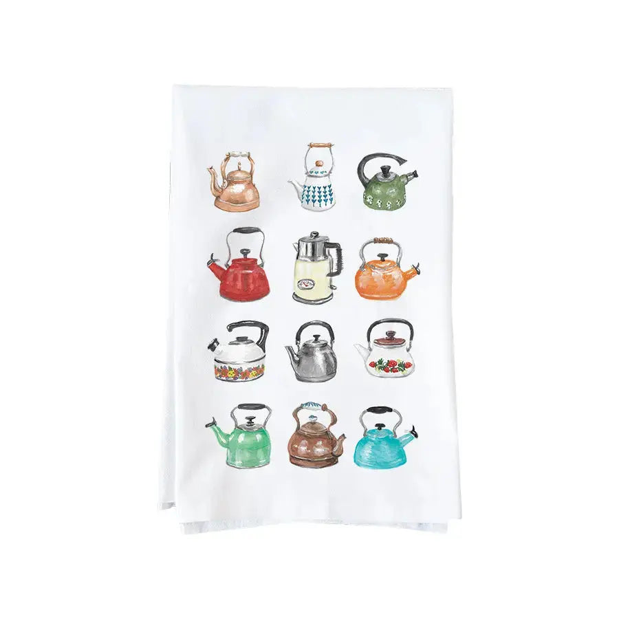 A white kitchen tea towel featuring a grid of twelve colorful watercolor-style illustrations of kettles in various colors and designs.